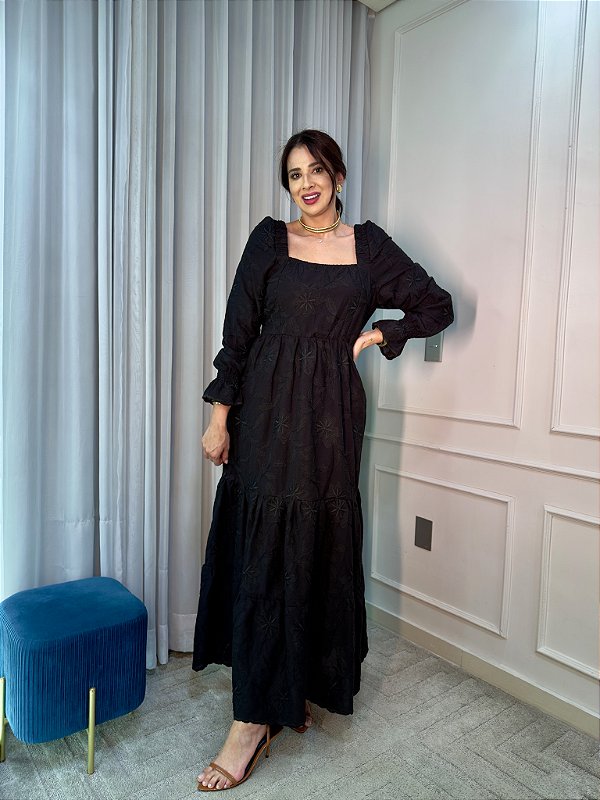 Vestido Marina de Linho Bordado Preto