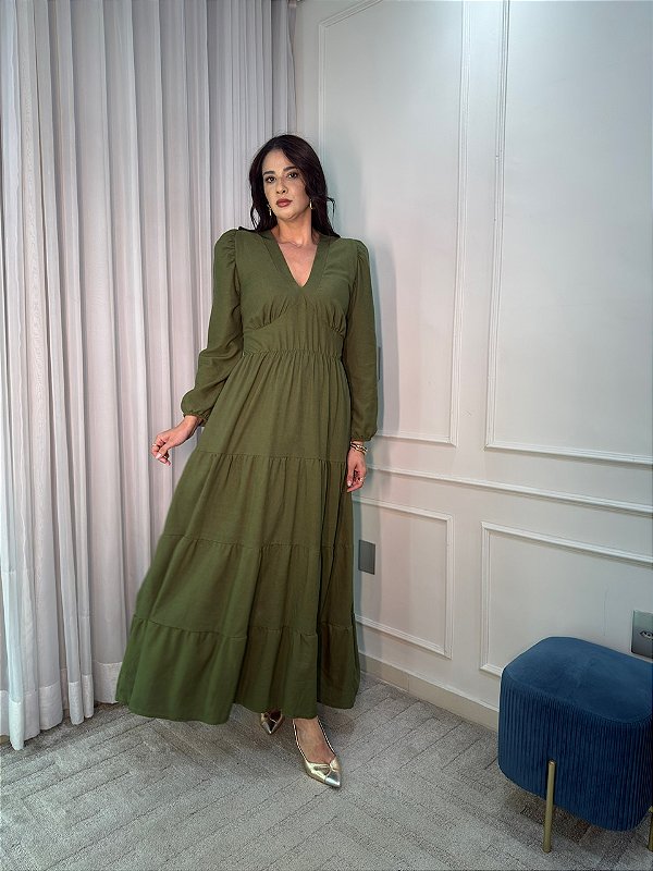 Vestido Madalena Manga Longa Verde Militar