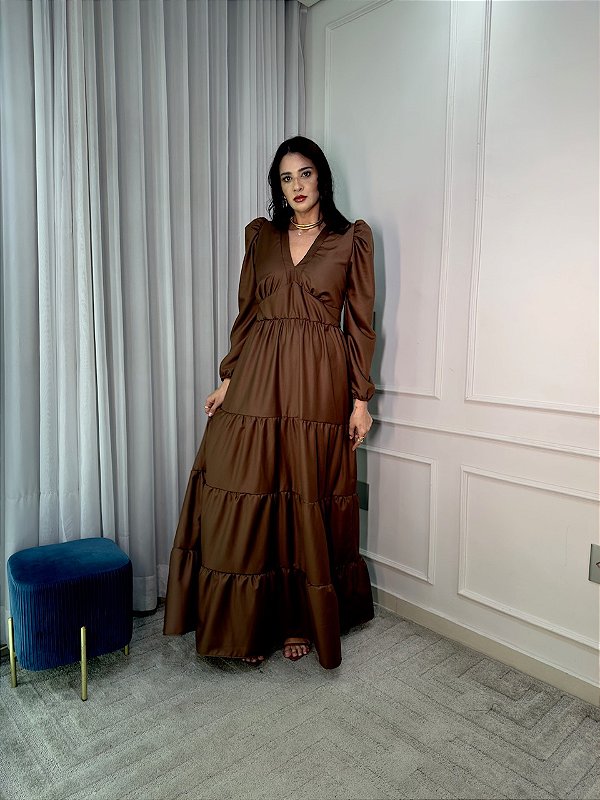 Vestido Madalena Manga Longa Marrom