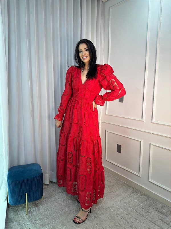 Vestido Glória Longo Cordonê Manga Bufante Vermelho