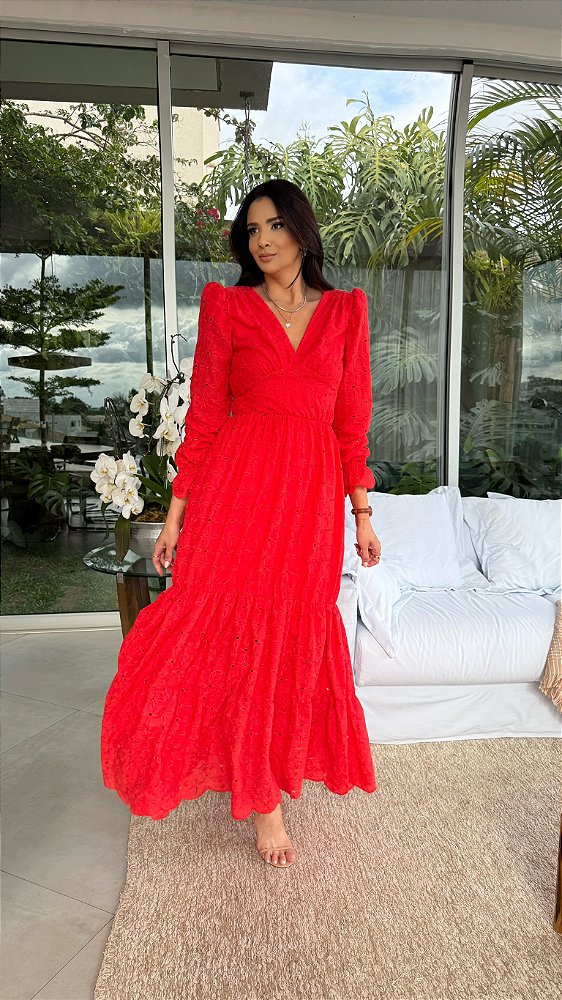 Vestido Glória Longo de Manga Bufante Laise Vermelho Tomate