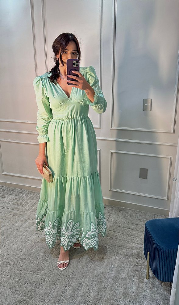 OPORTUNIDADE - Vestido Glória Longo Manga bufante Verde Oliva
