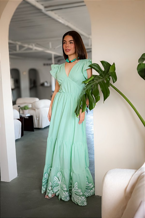 OPORTUNIDADE- Vestido Glória Longo de Algodão Bordado Verde Oliva