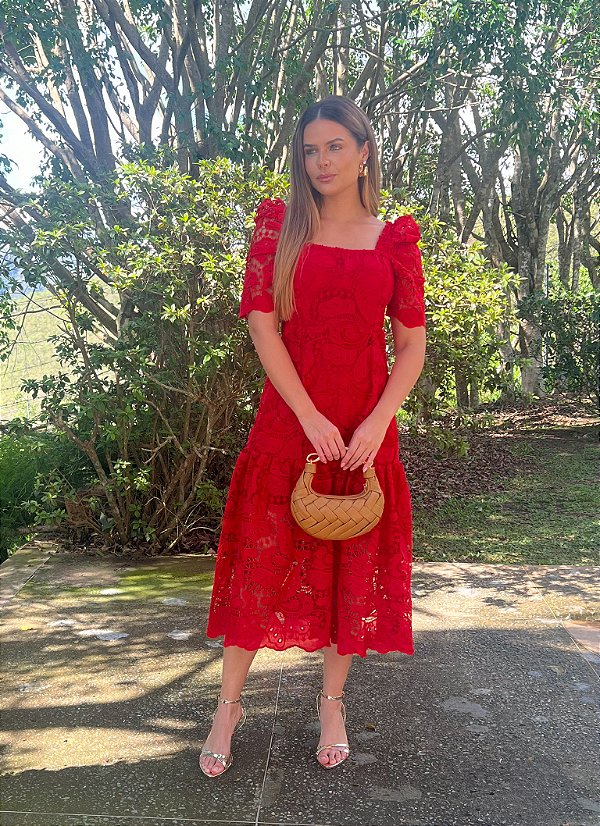 OPORTUNIDADE - Vestido Midi Graça de Renda Vermelha