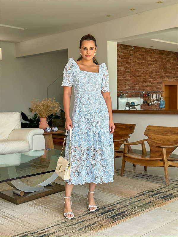 OPORTUNIDADE - Vestido Midi Graça de Renda Azul com Branco
