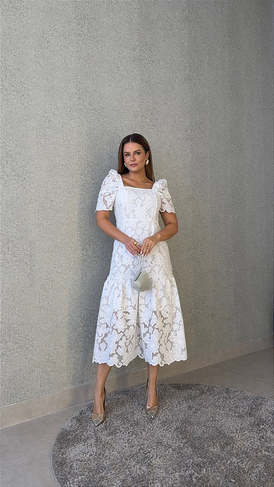 OPORTUNIDADE - Vestido Midi Graça de Renda Branca