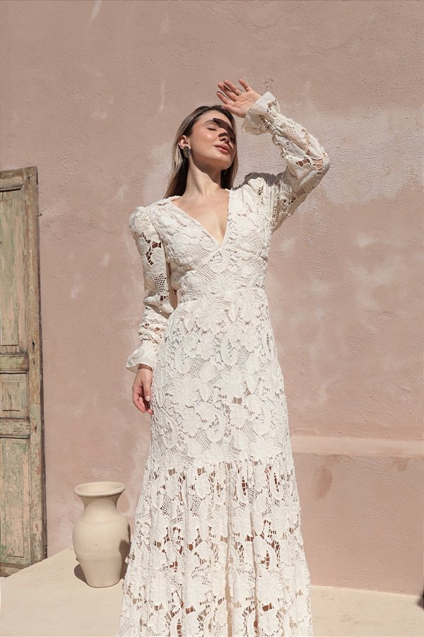 OPORTUNIDADE - Vestido Glória Longo Cordonê Manga bufante Cru