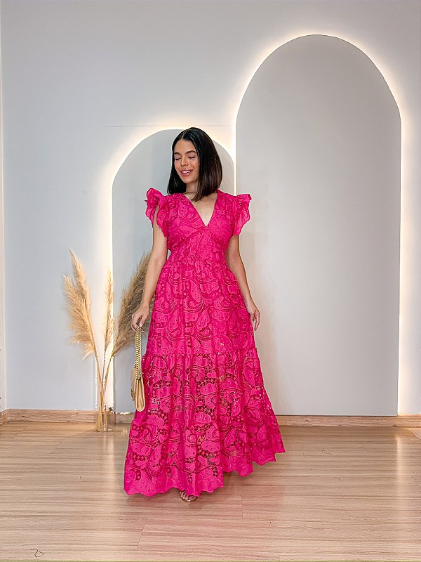 OPORTUNIDADE-Vestido Glória Longo de Renda Pink
