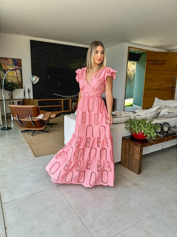 OPORTUNIDADE - Vestido Glória Longo de Bordado Rosa