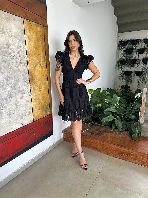 OPORTUNIDADE - Vestido Glória Curto de Algodão Bordado Preto