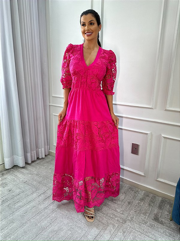 OPORTUNIDADE - Vestido Madalena de Linho com Renda Pink