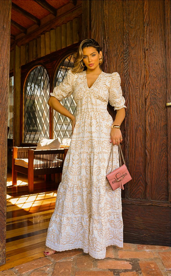 OPORTUNIDADE - Vestido Madalena de Linho Bicolor Branco com Bege