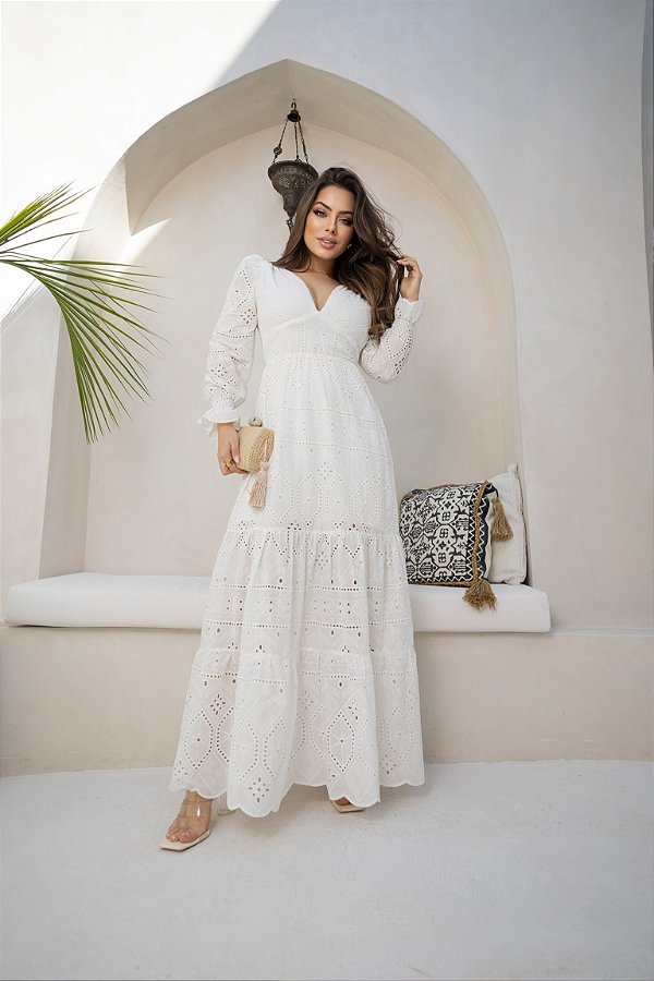 OPORTUNIDADE - Vestido Pérola Longo de Laise Manga Bufante Off White