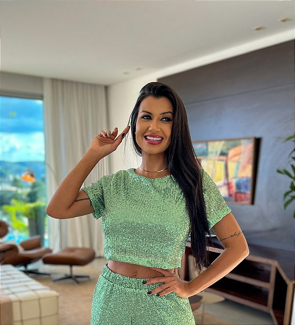 OPORTUNIDADE - Cropped de Paetê Júlia Verde Oliva