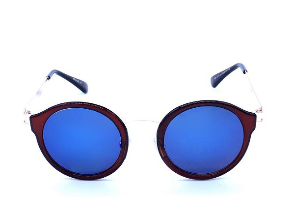 Óculos de Sol Marrom e Dourado com Lente Espelhada Azul - H01471C5