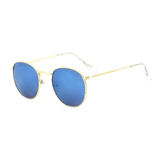Óculos de Sol Redondo Clássico Prorider Dourado Lente Espelhada Azul - Muze  Shop