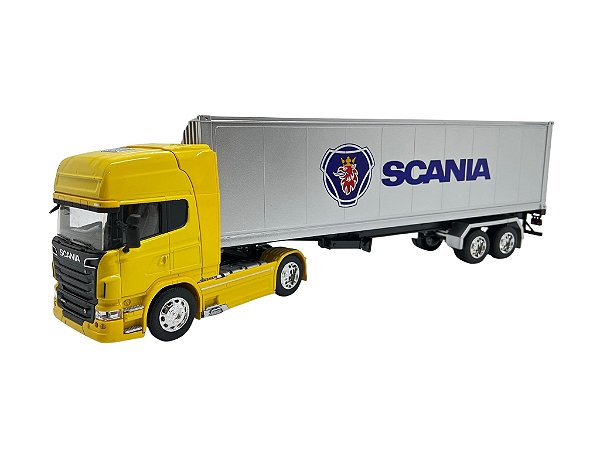 Miniatura Caminhão Scania R730 Amarelo Carreta BaúWelly 1:32