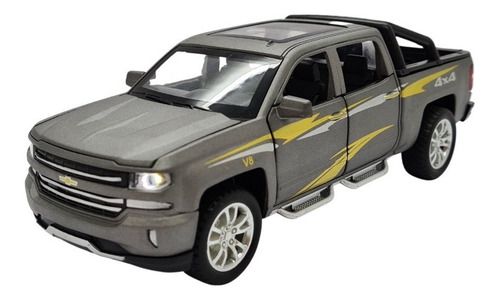Miniatura Chevrolet Silverado V8 Cinza Acende Luz E Som 1:32
