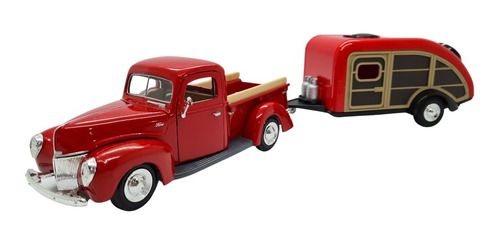 Miniatura Ford Pickup 1940 Com Reboque Vermelho Metal 1:24