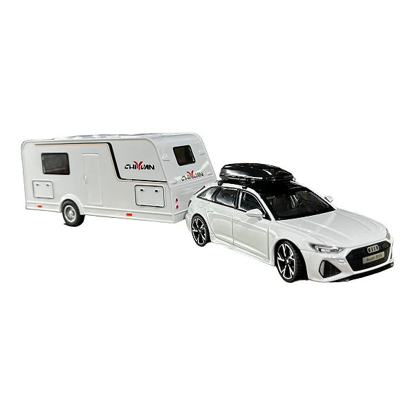 Miniatura Audi RS6 Branco + Trailer Acende Luz E Som 1:32