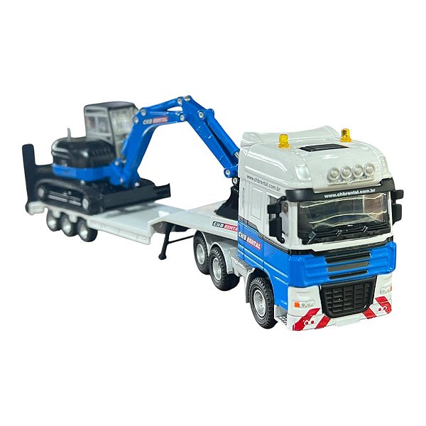 Miniatura Caminhão Prancha com Escavadeira CHB Azul 1:50