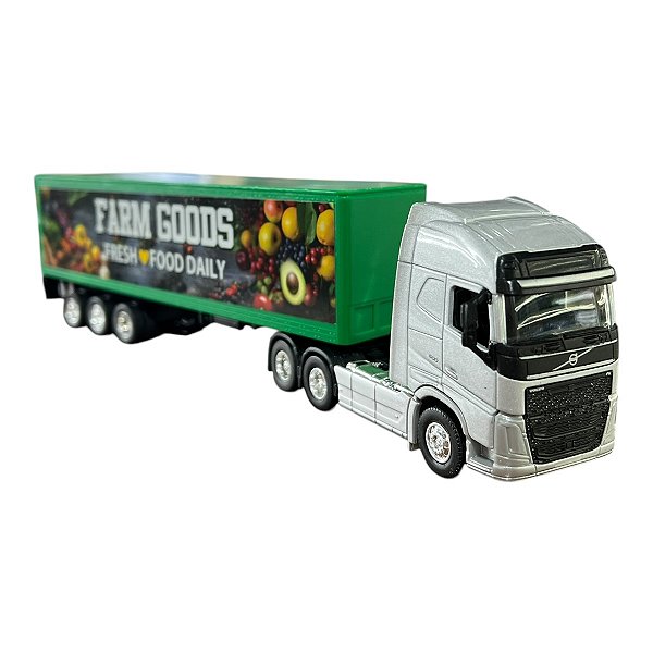 Miniatura Caminhão Volvo Prata Bau Verde Welly 1:64
