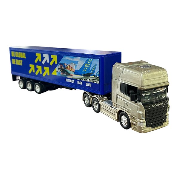 Miniatura Caminhão Scania Dourado Bau Azul Welly 1:64