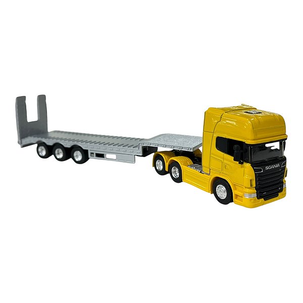 Miniatura Caminhão Scania Amarelo Prancha Welly 1:64