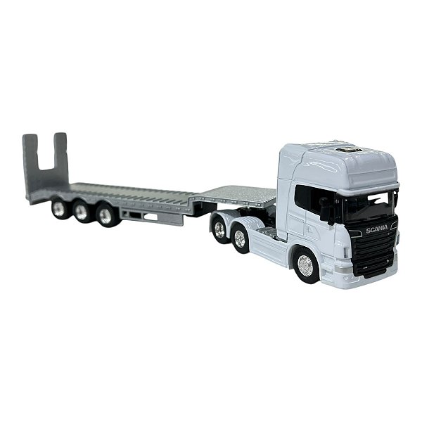 Miniatura Caminhão Scania Branco Prancha Welly 1:64