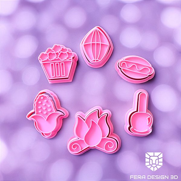 Cortadores + Marcadores - Festa Junina 3 (Pipoca, Fogueira, Milho, Maçã do amor, Balão, Hot Dog)