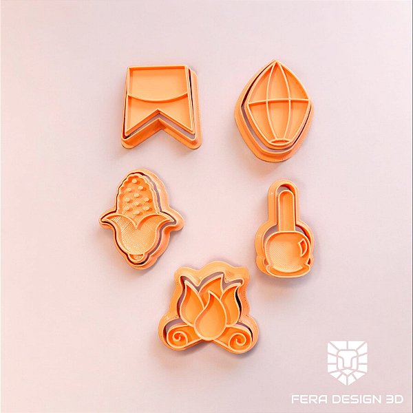 Cortadores + Marcadores - Festa Junina 4 (Bandeirinha, Balão, Fogueira, Milho, Maçã)