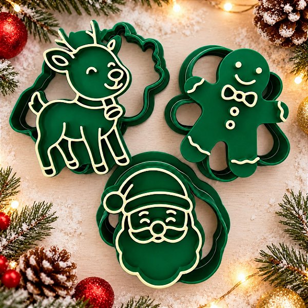 Cortadores e Marcadores em 3d - Kit Natal (Papai Noel, Rena, Ginger) com 5cm