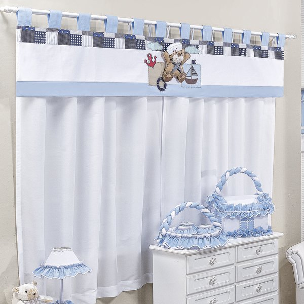 Cortina Para Quarto de Bebê Urso Popi Azul 3 peças - Coleção Ternura