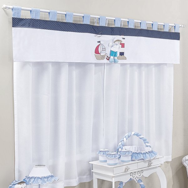 Cortina Para Quarto de Bebê Navio Azul 03 Peças - Coleção Ternura