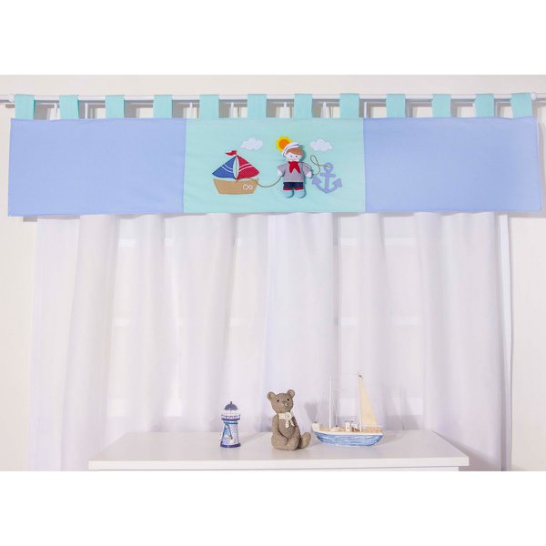 Cortina Para Quarto de Bebê Veleiro Azul 03 Peças - Coleção Slim