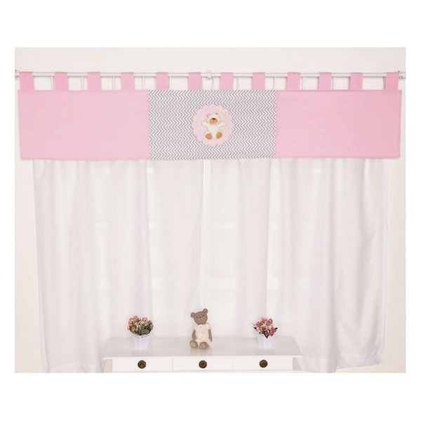 Cortina Para Quarto de Bebê Ursinho Chevron Rosa 03 Peças - Coleção Slim