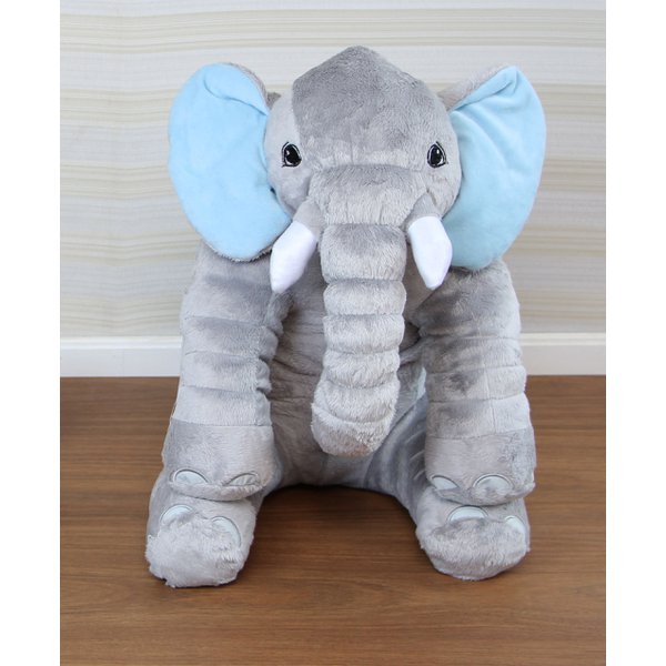 Almofada Travesseiro Elefante News Bebê Dormir Pelúcia Azul com Cinza 64cm