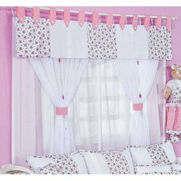 Cortina Para Quarto de Bebê Provence Rosa com Branco 07 peças - Coleção Conforto
