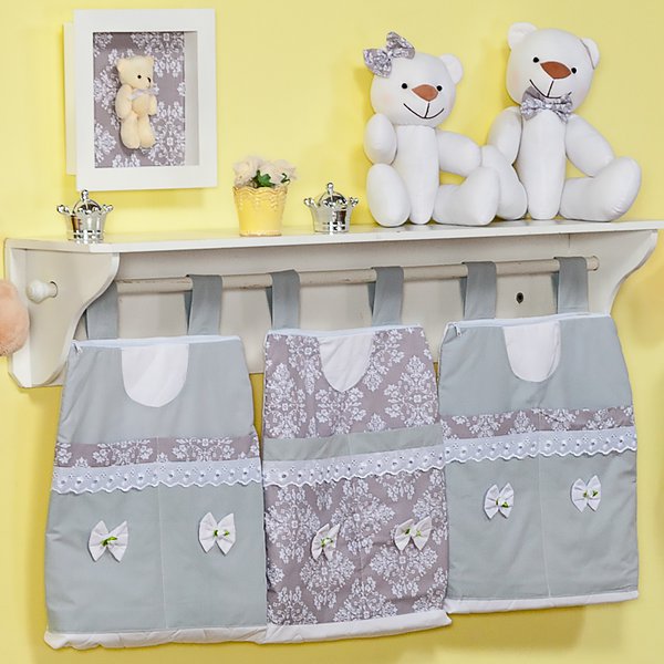 Porta Fraldas de Varão para Quarto de Bebê Retrô Cinza 03 Peças - Coleção Conforto