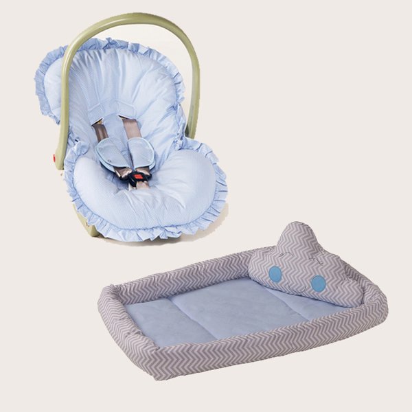 Combo Capa para Bebê Conforto Poá Azul + Colchonete com Almofadinha Nuvem para Bebê 04 Peças