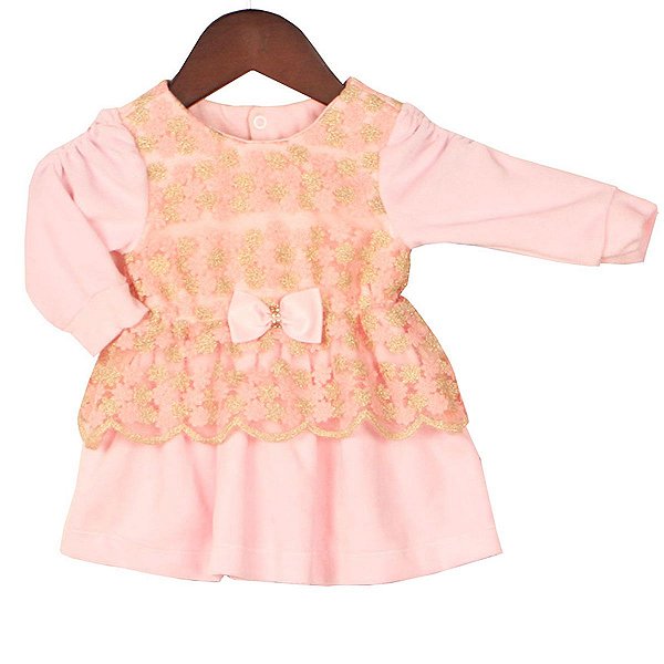 Vestido para Bebê de Plush Rendado Estrela Rosa 02 peças
