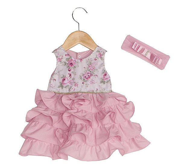 Vestido Para Bebê Florisbela Rosa 02 Peças