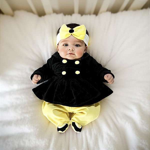 Macacão Longo de Plush para Bebê Jasmine Amarelo 03 peças