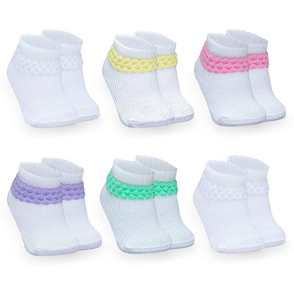 Combo 06 Pares de Meia Persa Para Bebê Menina: Branco, Amarelo, Rosa, Lilás e Verde 0 a 06 meses