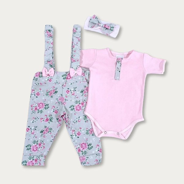 Conjunto Jardineira e Body Manga Curta Ameli Rosa Floral 3 Pçs - RN ao G