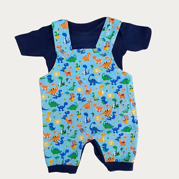 Conjunto Jardineira e Body Manga Curta Dino Baby 2 Peças Marinho Tam RN ao G