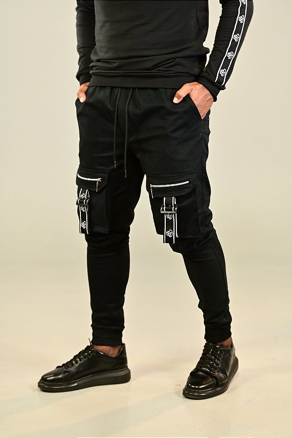 Calça Cargo Preta Elástico Zíper
