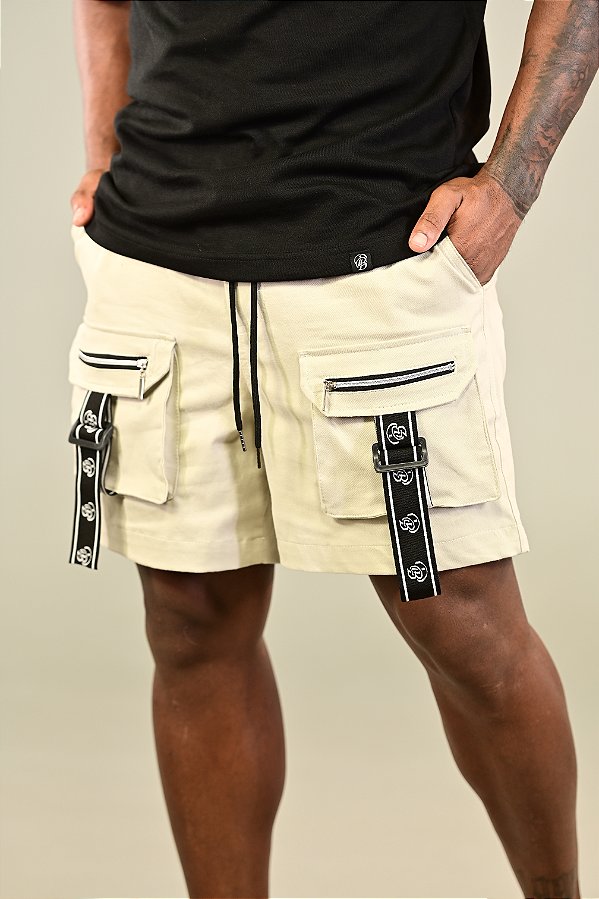 Bermuda Cargo Bege Elástico Zíper