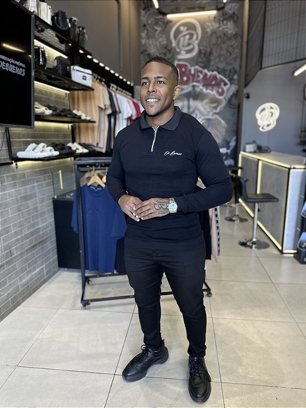 Suéter Preto Zíper Canelado