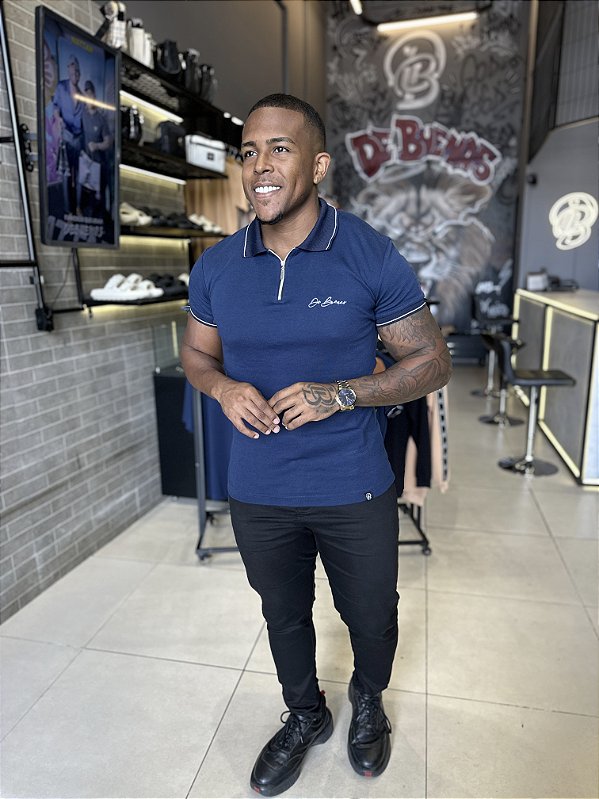 Polo Azul Marinho Suedine Zíper Punho De Buenas